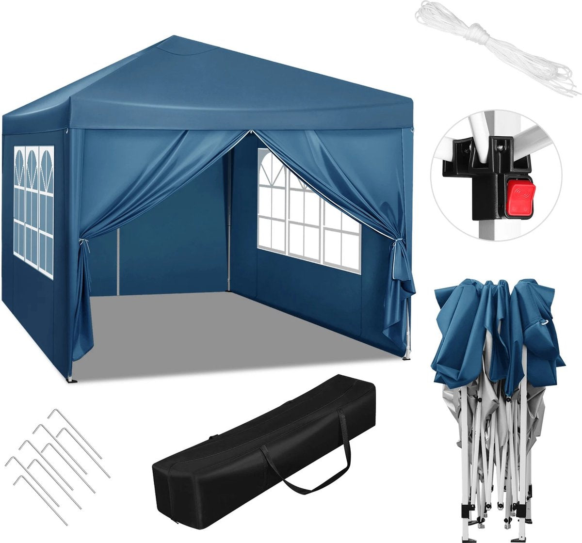 J&R Partytent - Paviljoen - Opvouwbare Luifel - Tuin tent - Waterdicht - Uv Bescherming - met Draagtas - Pavillon - Prieel - Zijpanelen - 3x3m - Blauw