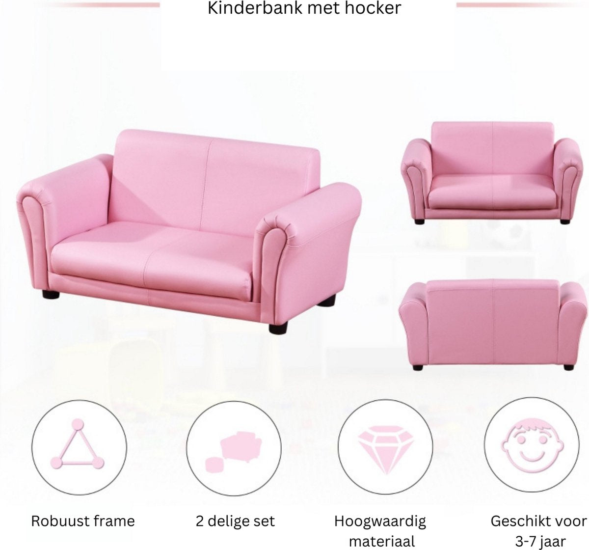 Kinderbank met Hocker - Kinderfauteuil - Kinderzetel - Kindermeubels - Zitbank - Roze - 83 x 42 x 41 cm