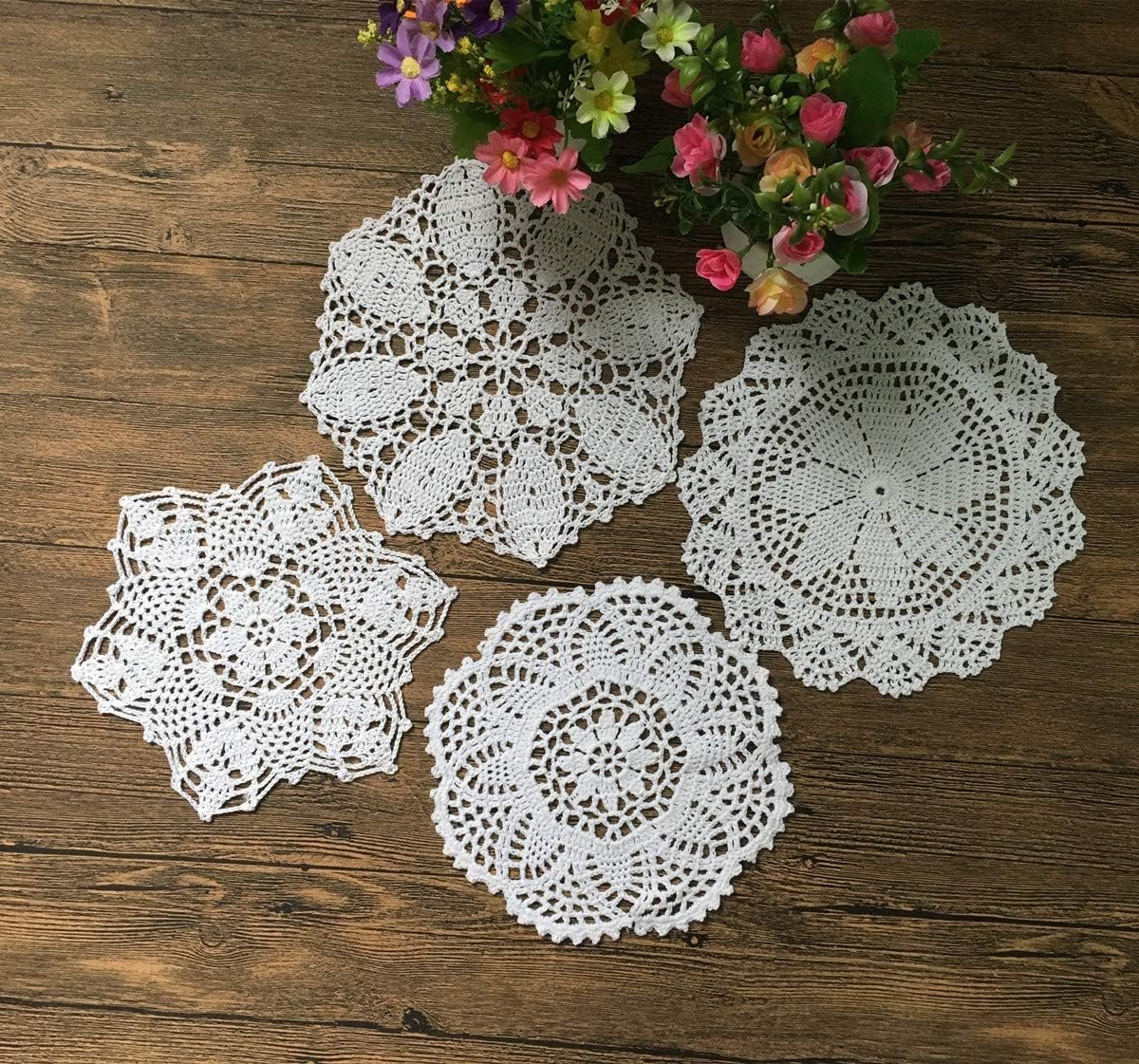 Set van 8 handgehaakte katoenen kleedjes, gehaakte kanten kleedjes, onderzetters, placemat, 23-40 cm rond, wit, vintage, bruiloft, theekransje (8 stuks wit)
