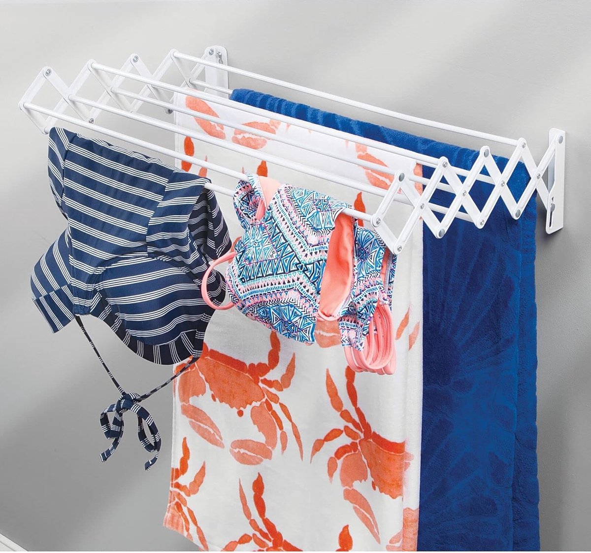 Metal clothes rail - Retractable washing line - Space-saving wall-mounted foldable drying rack - White