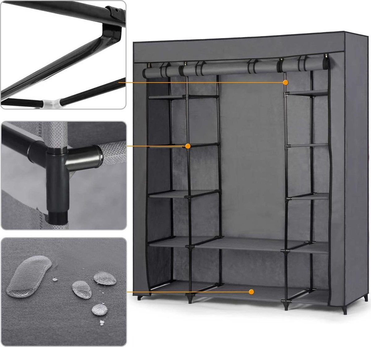 Double Canvas Wardrobe - Foldable Wardrobe - With Clothes Hanging Rail and storage shelves - Fabric Hanging Wardrobe & Shelving Unit - Wardrobe - Dimensions 170 x 135 x 45 cm