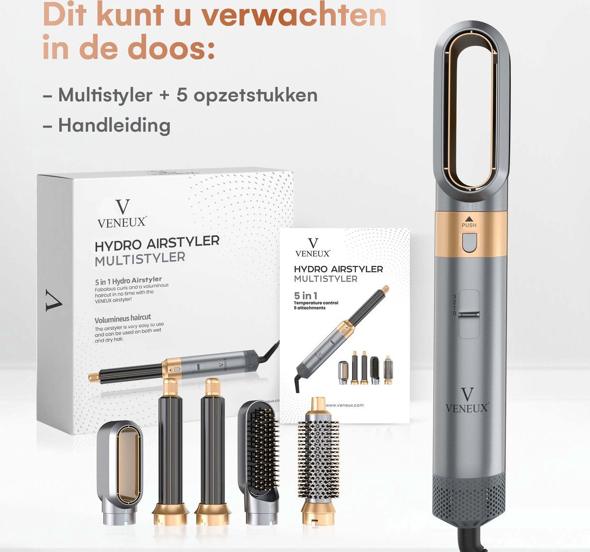 VENEUX® Föhnborstel - Airstyler - Krulborstel - Krultangen - 5 in 1 Multistyler – Grijs Met Goud