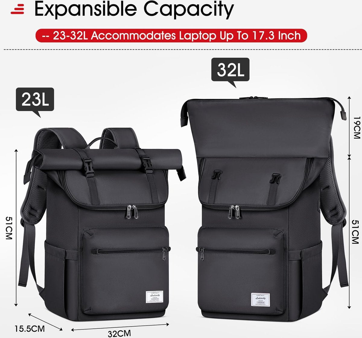 Backpack Waterproof and Durable - Laptop Compartment 17 inch with USB Charging Station - Anti-Theft - Travel Bag - School Backpack - Adjustable Backpack - Black