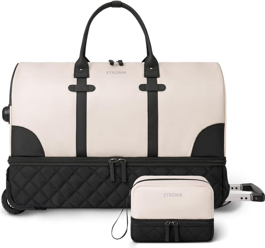 wheeled travel bag, travel bag, 21 inch women's travel bag with makeup bag, 21x14x9 inch flight approved weekender with wheels