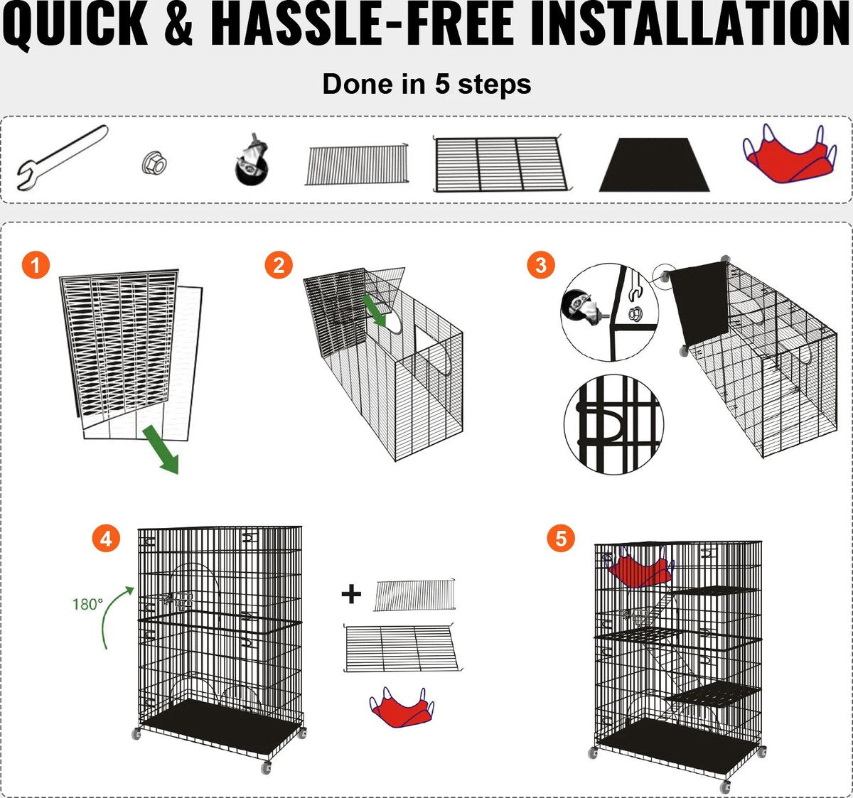 Verplaatsbaar Dierenverblijf - Kattenren - Kattenbench - Binnen & Buiten - Zwart - 90x60x133CM - Ook Geschikt Voor Cavia, Fret, Konijn, Hamster,, Vogel - Draadkooi - Groot Formaat - Inklapbaar - 4 Lagen - 30KG Draagvermogen