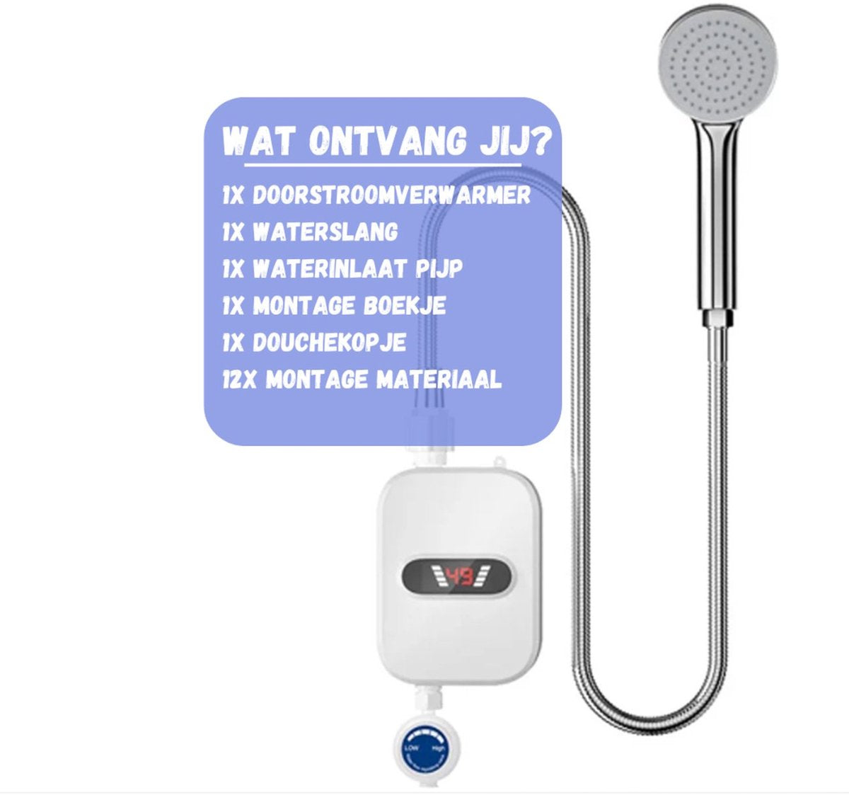 Instantaneous water heater - Instantaneous boiler - Instantaneous boiler for shower - Including accessories - 3500 W - LED screen - White