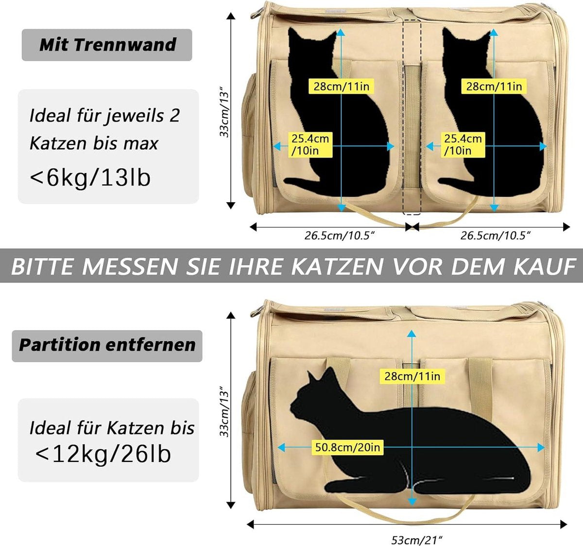 Reismand met wielen voor 2 katten - Grote kattenreismand voor twee katten