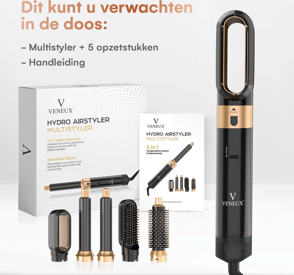 VENEUX® Föhnborstel - Airstyler - Krulborstel - Krultangen - 5 in 1 Multistyler – Zwart Met Goud