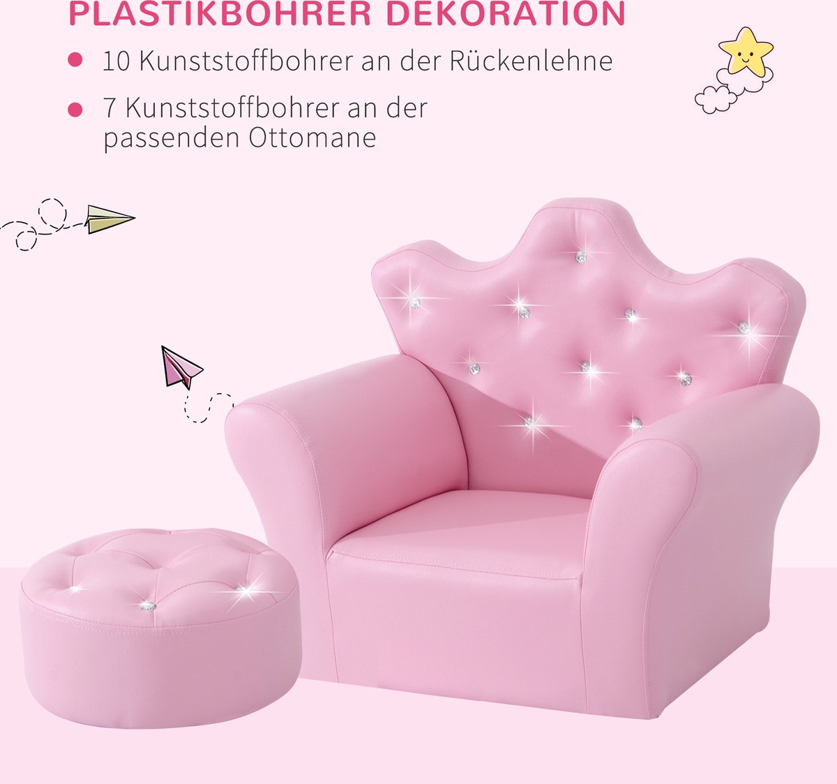 Children's sofa with crystal buttons and ottoman pink