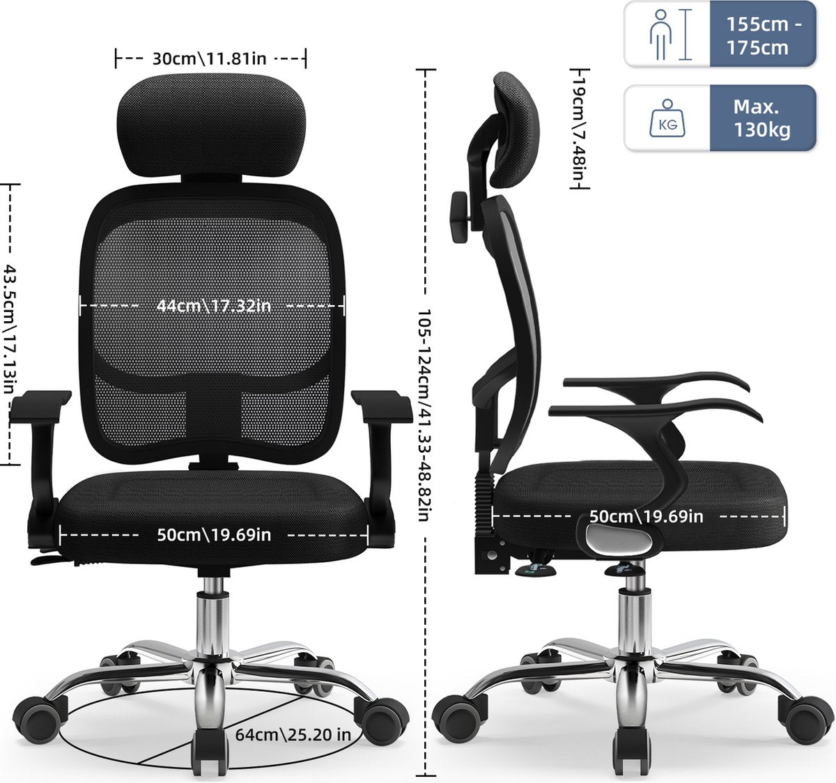 Office Chair - Ergonomic Office Chair - Office Chairs for Adults - 130 kg Max Load - Black