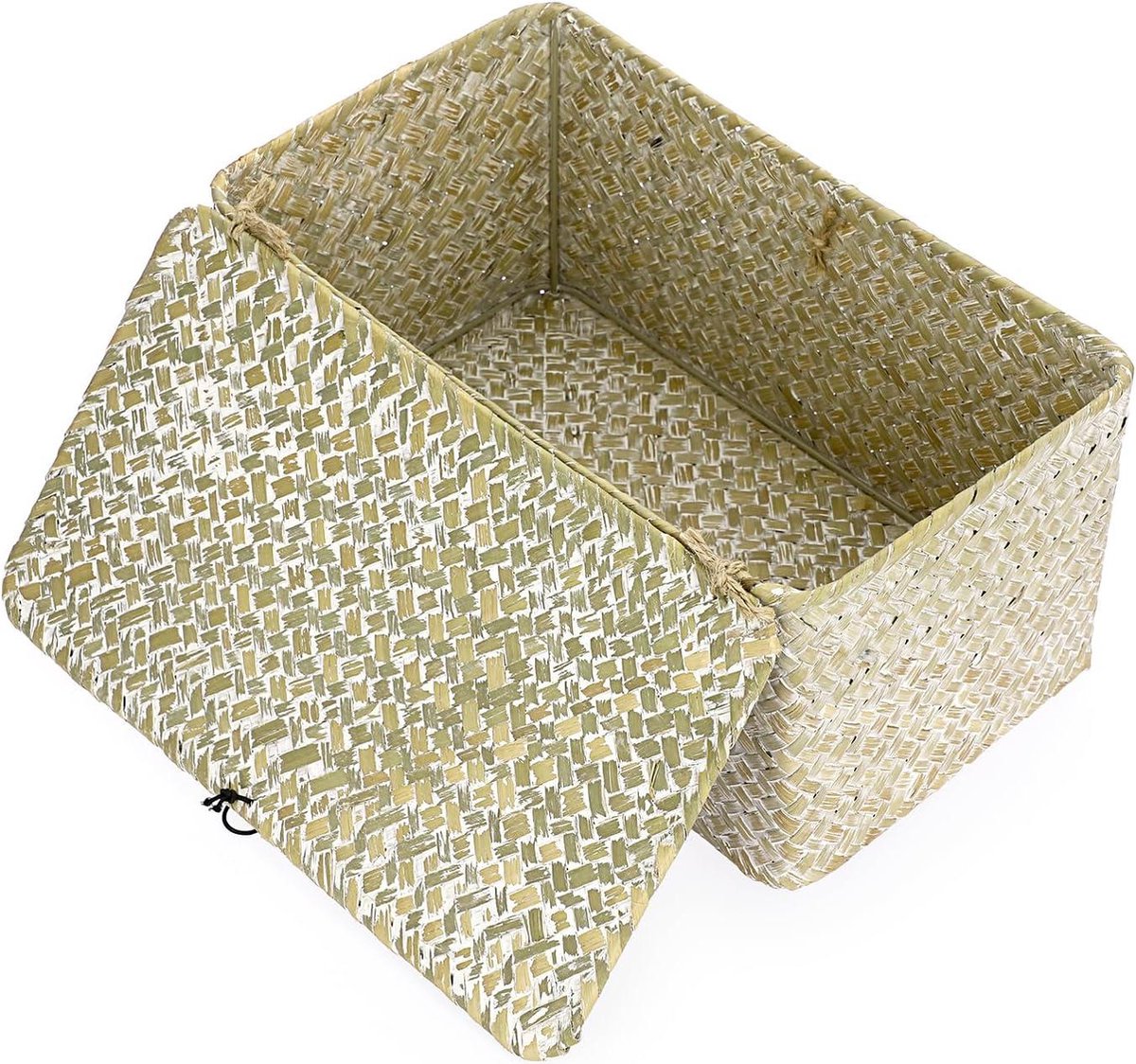 Rieten mand met deksel sweet living - Opbergmand Zeegras - Geweven rieten bureaumand - Rechthoekige opbergmand voor badkamer en woonkamer - Decoratieve onder plank mand - Multifunctionele opbergmand - Whitewash M Rieten mand met deksel sweet living