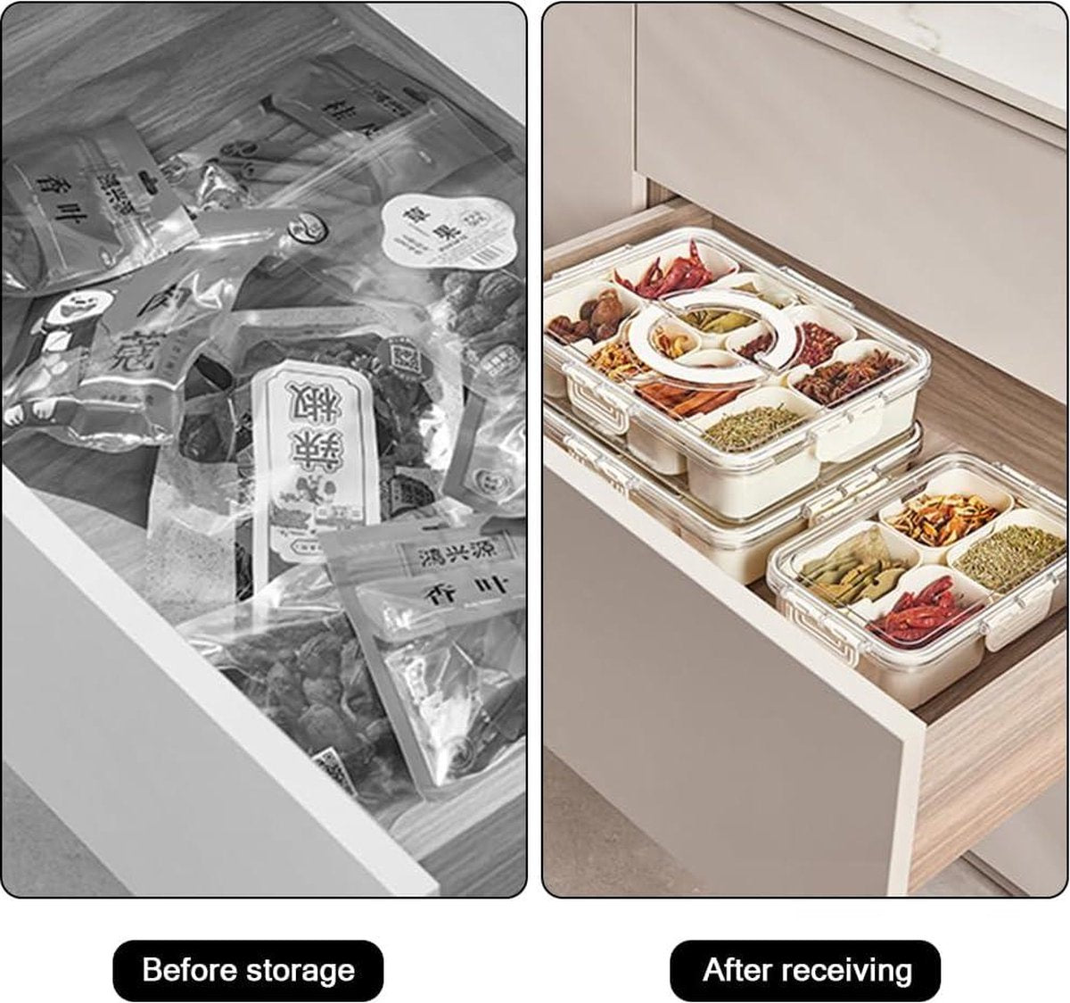 Snack tray met deksel - opbergdoos voor snacks - snackbord met 8 vakken - organizer voor kruidenpotjes - snoep, veganistisch, koekjes - noten, fruit - dip, tapaskommen (8)