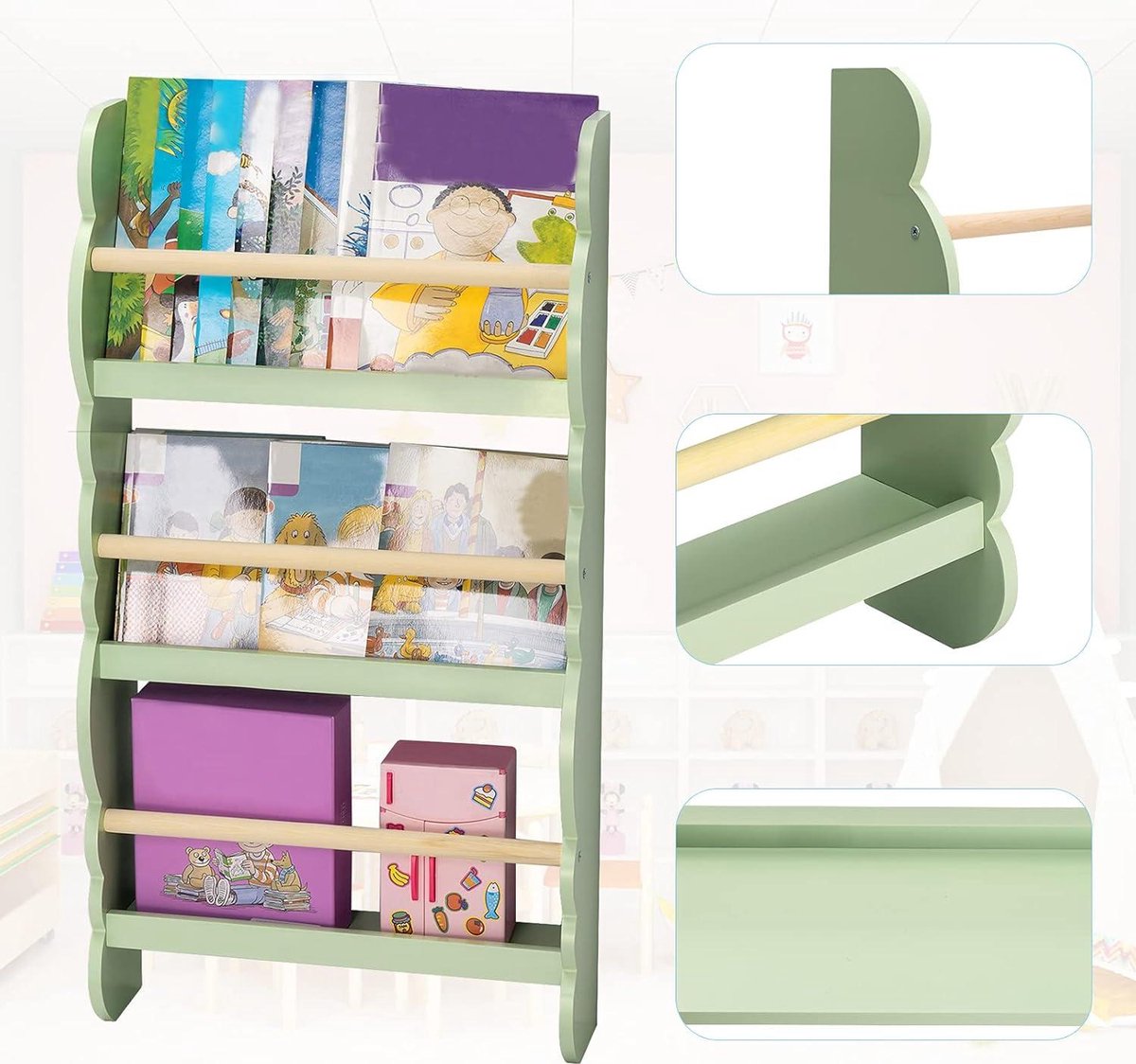 Children's bookcase wall shelf with 3 shelves - storage for books - pine wood E1 MDF - journey to the forest - children's room playroom toy cabinet