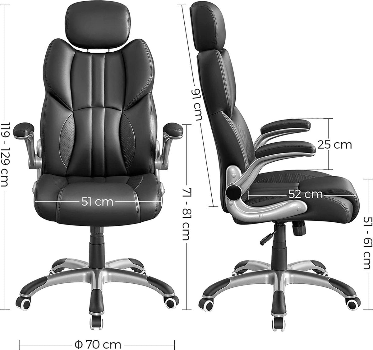 Draaistoel - Bureaustoel - Kunstleer - Zwart - Ergonomische draaistoel - Met opklapbare armleuningen - Nylon stervoet - Draagvermogen 150 kg - Zwart