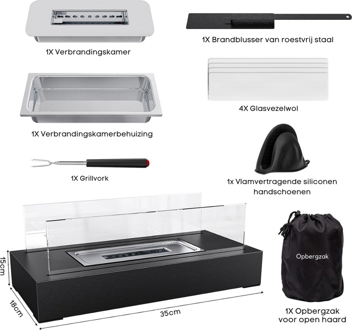 Table Fireplace - For Outdoor Use - Decorative Fireplace - With Accessories - Bio Ethanol Not Included - Glass - Indoor Flame