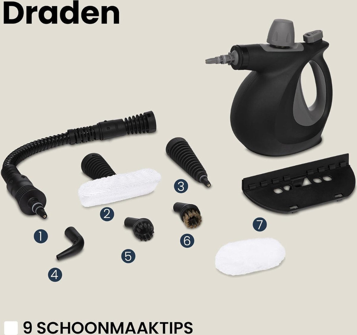 Stoomreiniger - Handstoomreiniger - Veelzijdig - Multifunctioneel - Incl. 9 Accessoires - Zwart