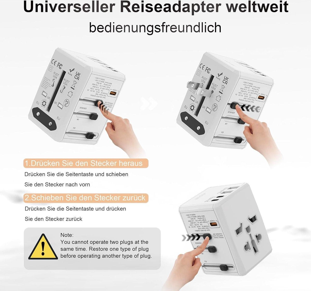 SAFEMORE PD 45 W snellaad-reisadapter - USB C - 5 poorten - AC-stopcontact - wereldwijd gebruik - wit