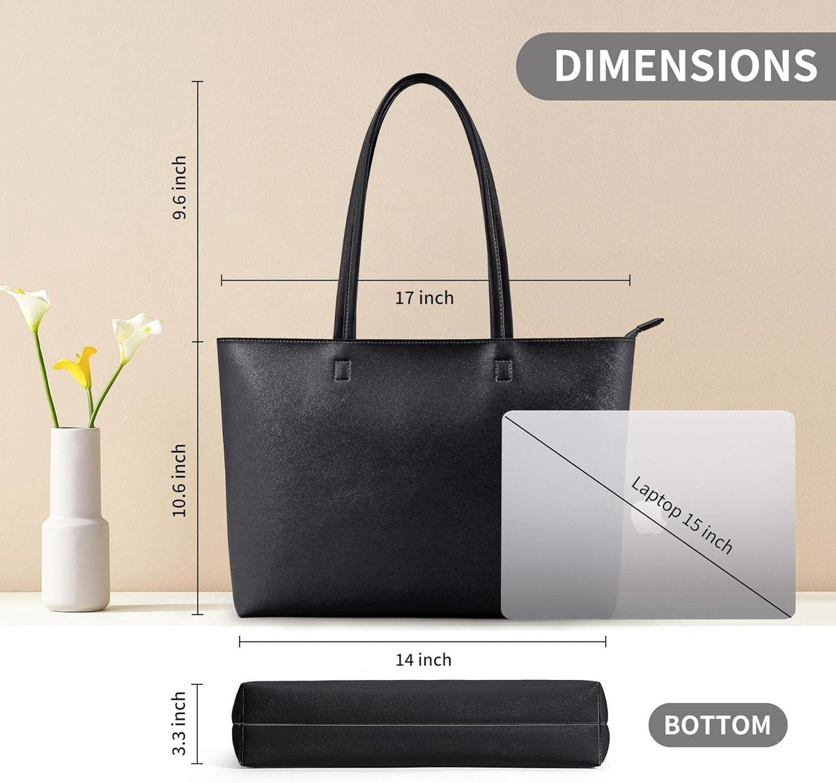 Large Shopper Bag for Women - Waterproof PU Leather Handbag with Zipper for Work and Travel Zipper Tote Bag