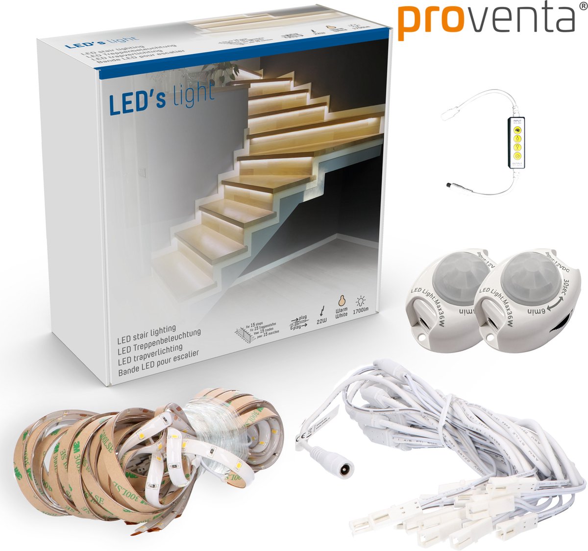 LED Stair lighting set with motion sensor - 15 x LED strip 80 cm - Cool white light