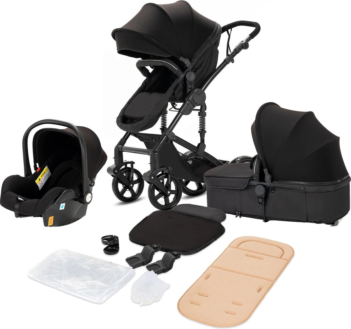 3-in-1 Kinderwagen - Luxe Buggy - Wandelwagen - Babywagen - Inclusief Maxi Cosi - Baby Stroller - Baby Autostoel - Inclusief Accessoires - Zwart - 42x45x103 cm.