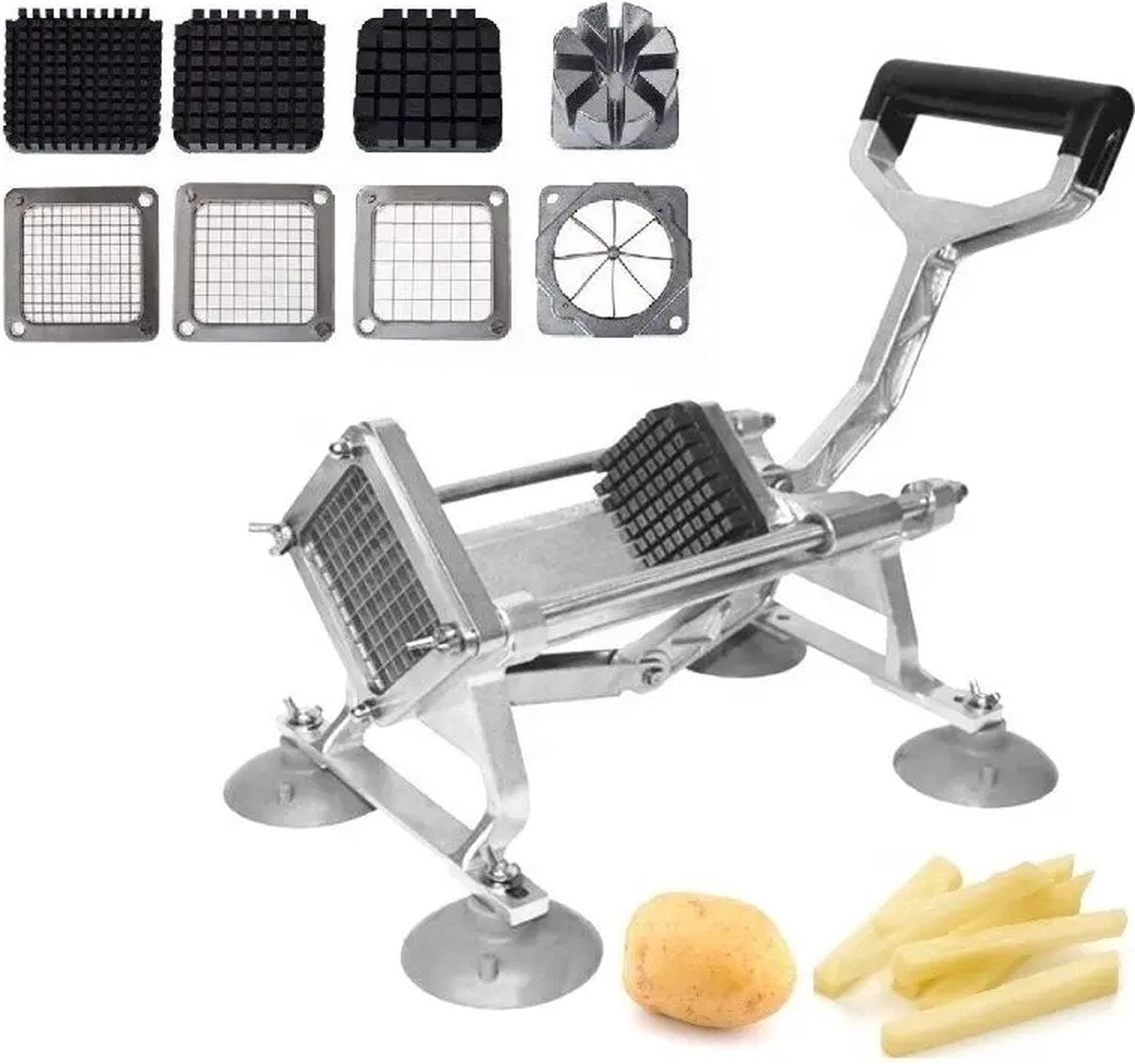 Professionele frietsnijder Aluminium - Stevig - Patat - 4 Opzetstukken - Partjes - Met noppen - Vlaamse friet - Franse frietjes - Normale patat - Groenten snijden