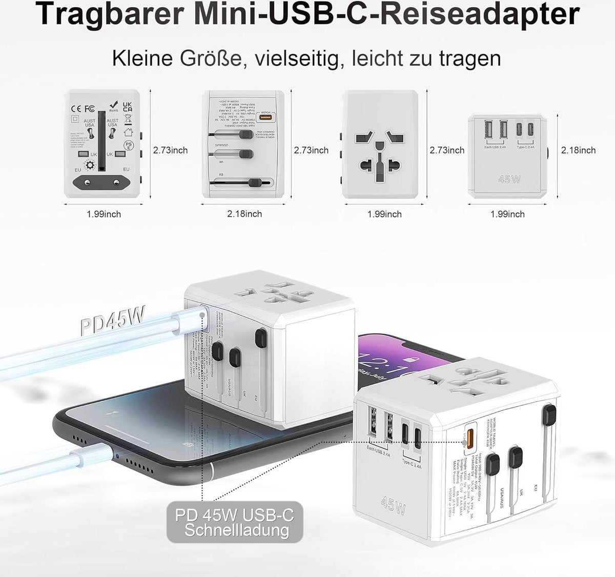 SAFEMORE PD 45 W snellaad-reisadapter - USB C - 5 poorten - AC-stopcontact - wereldwijd gebruik - wit