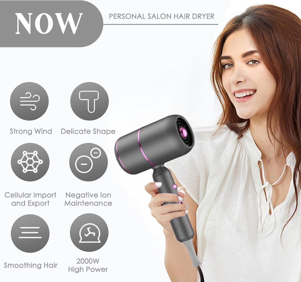 2000W Professionele Haardroger met Concentratoren en Diffuser - Sneldrogende Haardroger met Inklapbaar Ontwerp - Warme en Koude Stand voor Thuis, Salon, Reizen föhn met diffuser
