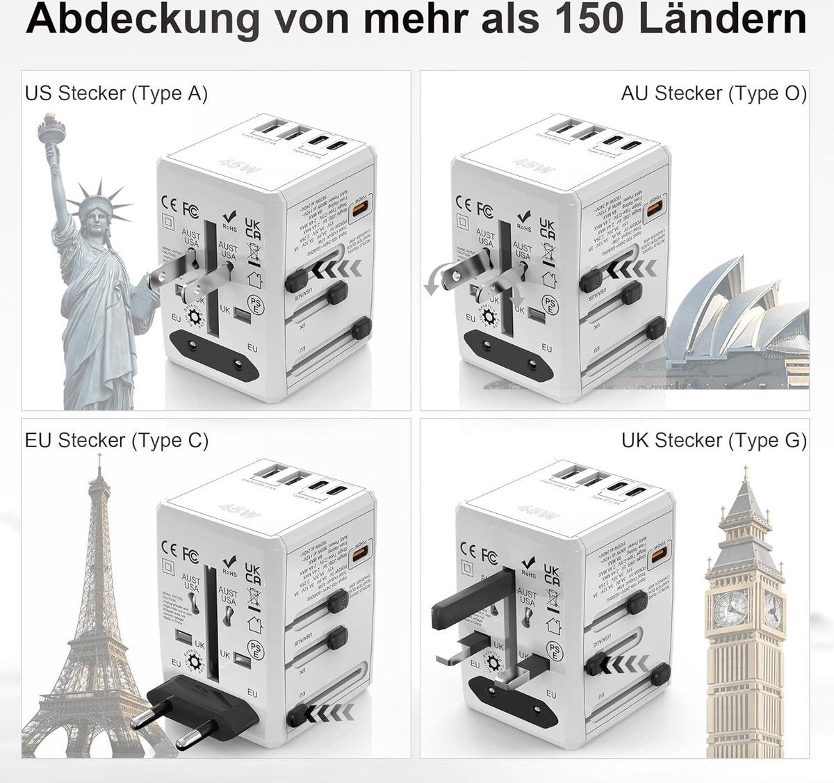SAFEMORE PD 45 W snellaad-reisadapter - USB C - 5 poorten - AC-stopcontact - wereldwijd gebruik - wit