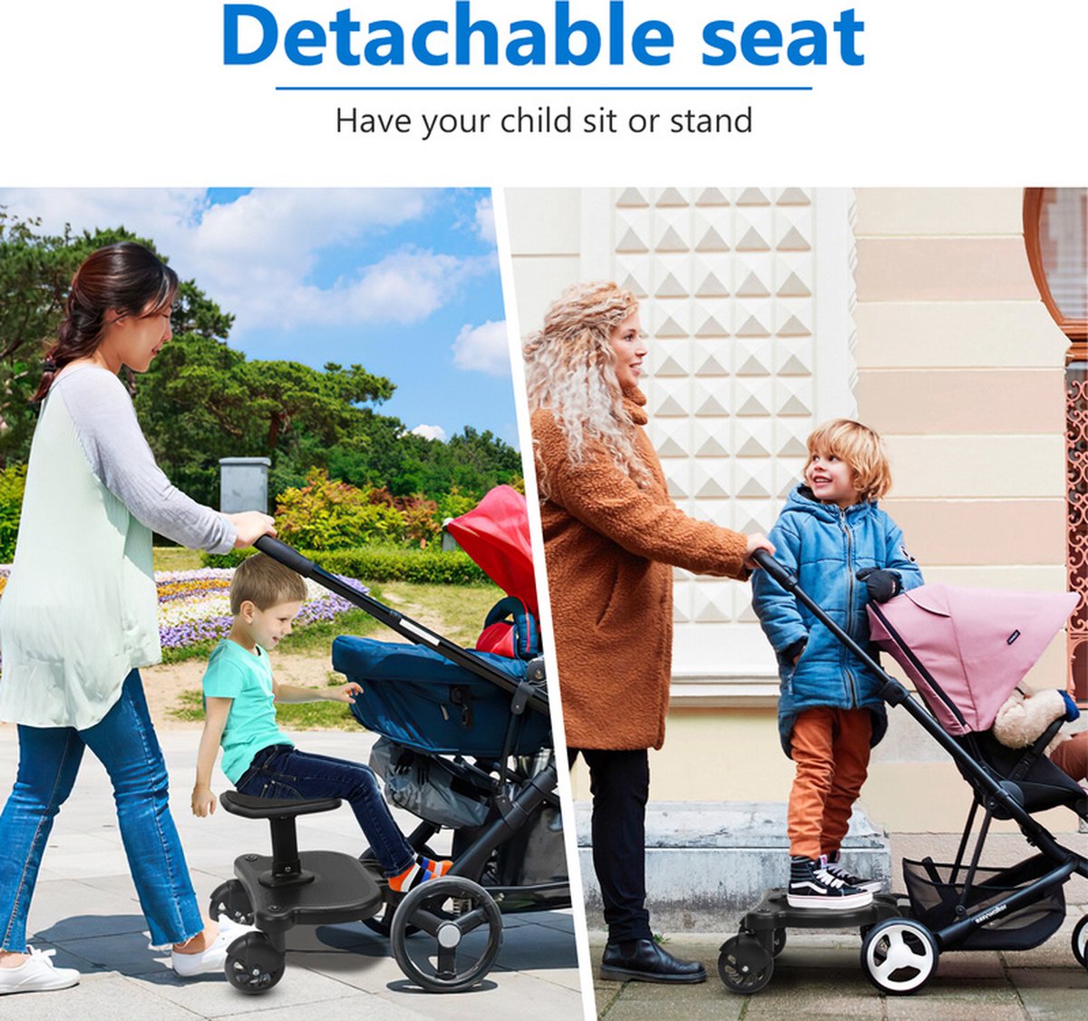 Universal Ride-Along Board - Ride-Along Board with Seat for Stroller or Buggy - Double Sturdy Wheels - Extra Stable - Adjustable - Black