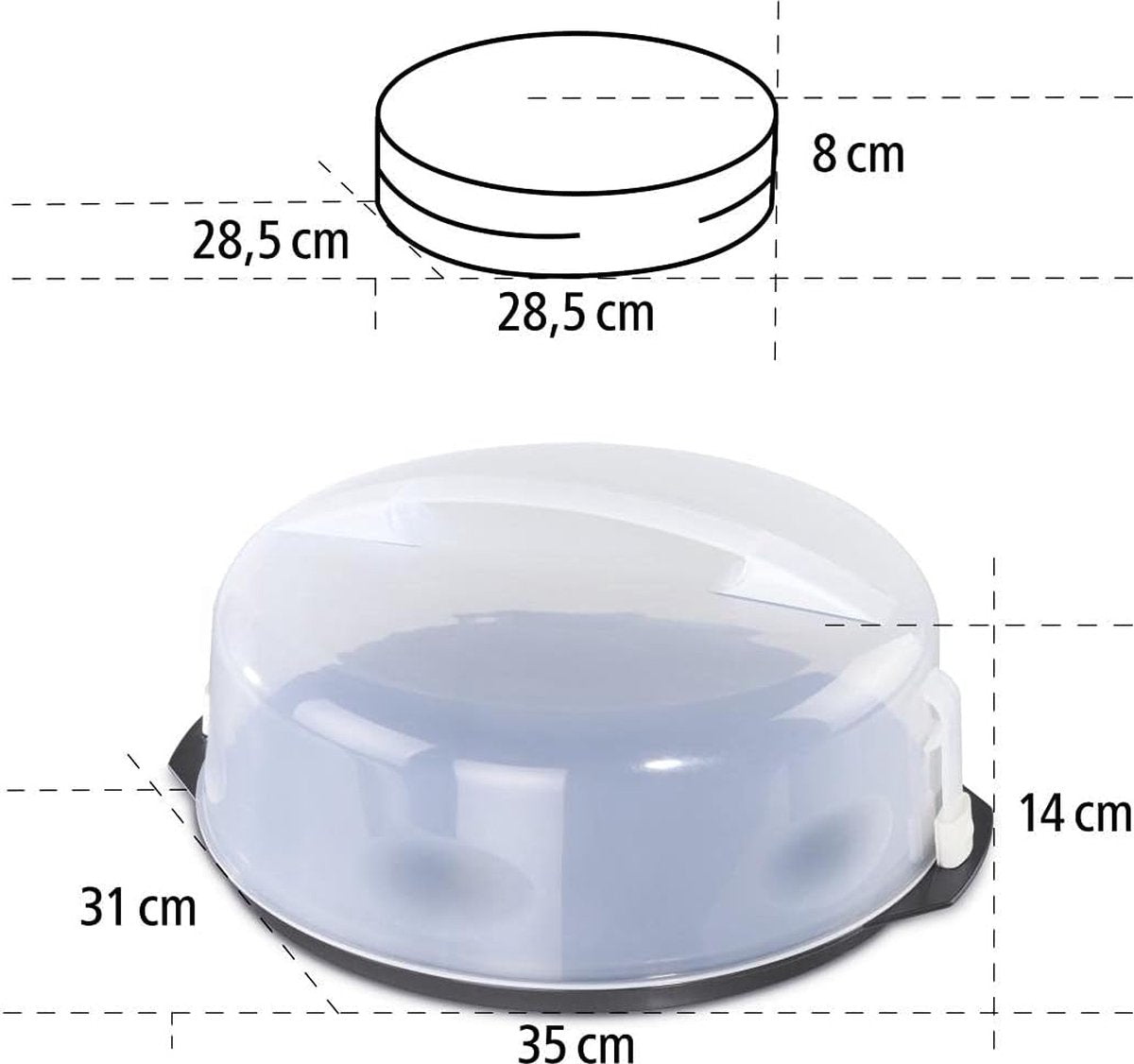 caketransportdoos rond met deksel (bakvorm Ø 28,5 cm, binnenhoogte 8 cm, cakedoos met verdeelhulp, stolp en serveervakken, party- en taartbutler) antraciet cakeschaal