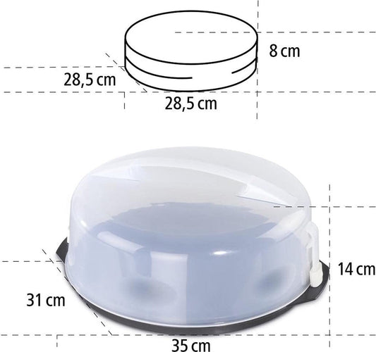 caketransportdoos rond met deksel (bakvorm Ø 28,5 cm, binnenhoogte 8 cm, cakedoos met verdeelhulp, stolp en serveervakken, party- en taartbutler) antraciet cakeschaal
