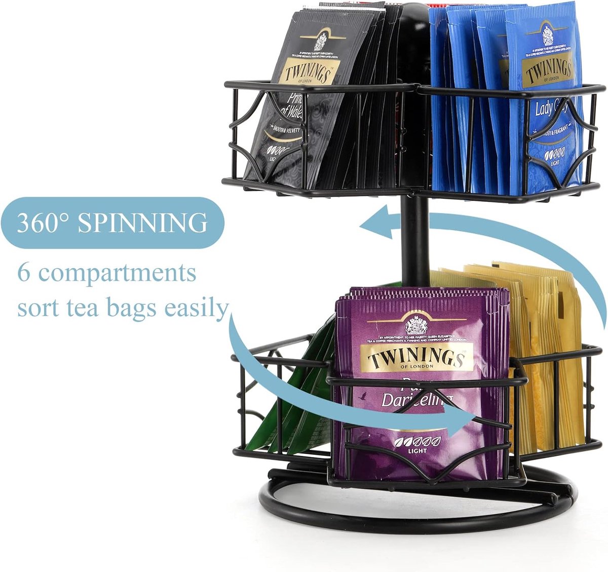 Theezakjes organizer, 360 graden draaiende theezakjes carrousel organizer met 6 compartimenten, Lazy Susan suiker koffie creamer caddy voor keuken, kast organizer, tot 60 theezakjes opslag.
