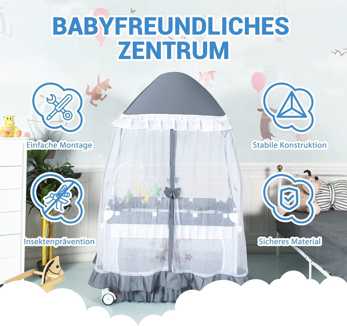 Kinderreisbed, opvouwbaar, reisbed, inklapbaar met speelgoed en muggennet en muziek, mobiel babybed met draagtas, kinderbed, klapbed voor kinderkamer, reisbed baby (grijs)