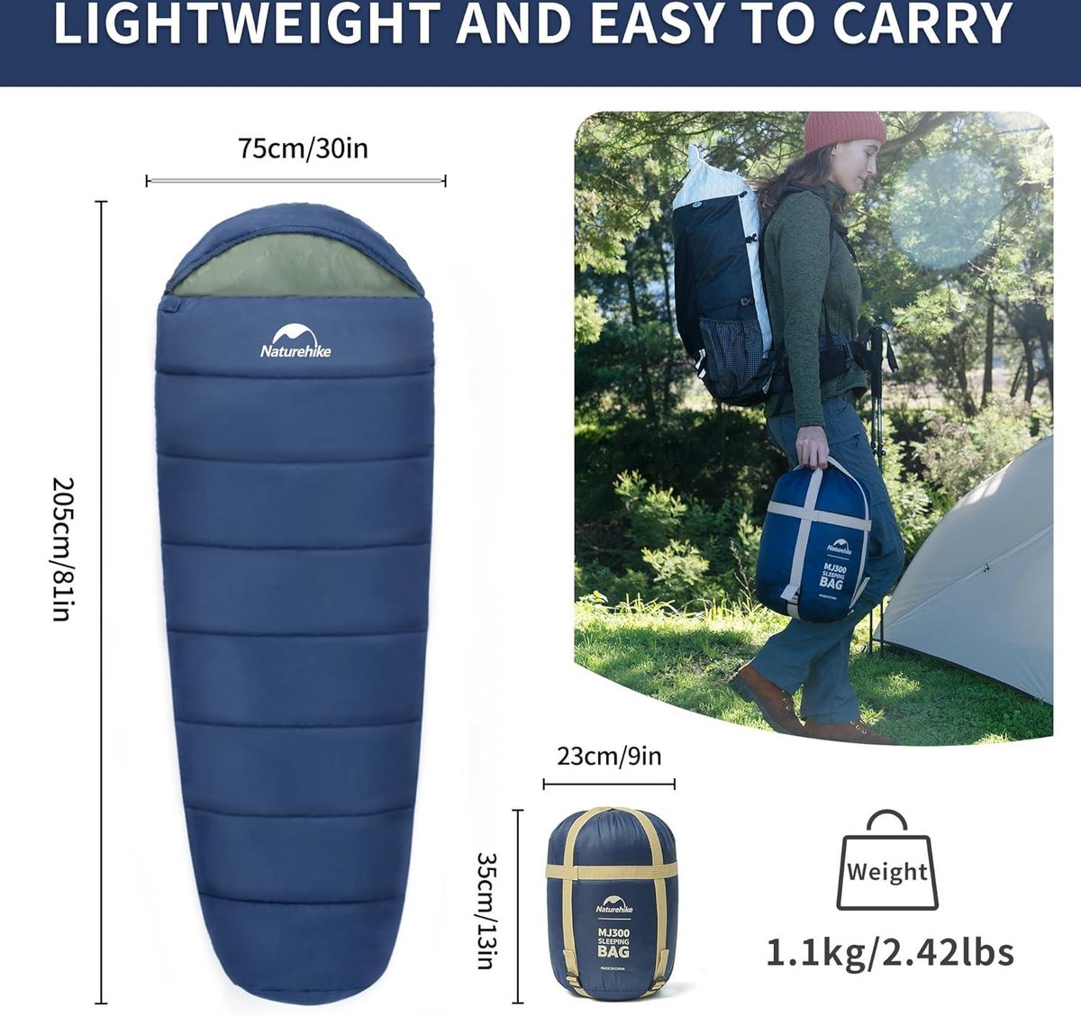 Mummie slaapzak met capuchon 300GSM - Lichtgewicht compact voor één persoon - Slaapzak 4 ℃ Zomer Winter - Geweldig voor volwassenen en kinderen - Wandelen reizen