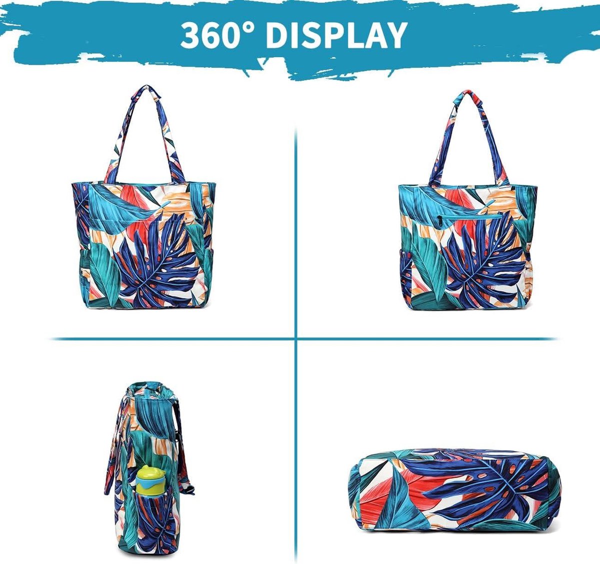 Waterdichte Zanddichte Strandtas voor Dames - Grote Zwemtas - Stijlvolle Ritssluiting - Sportschool Reizen Winkelen School - Palmblad Tote bag met ritssluiting