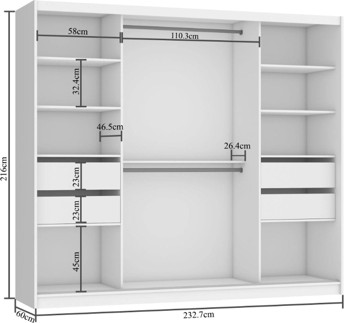 Wardrobe Bedroom White Black 235 cm-Sliding Door-Mirror-Drawers-Wardrobes-Sliding Door Wardrobe-Closet