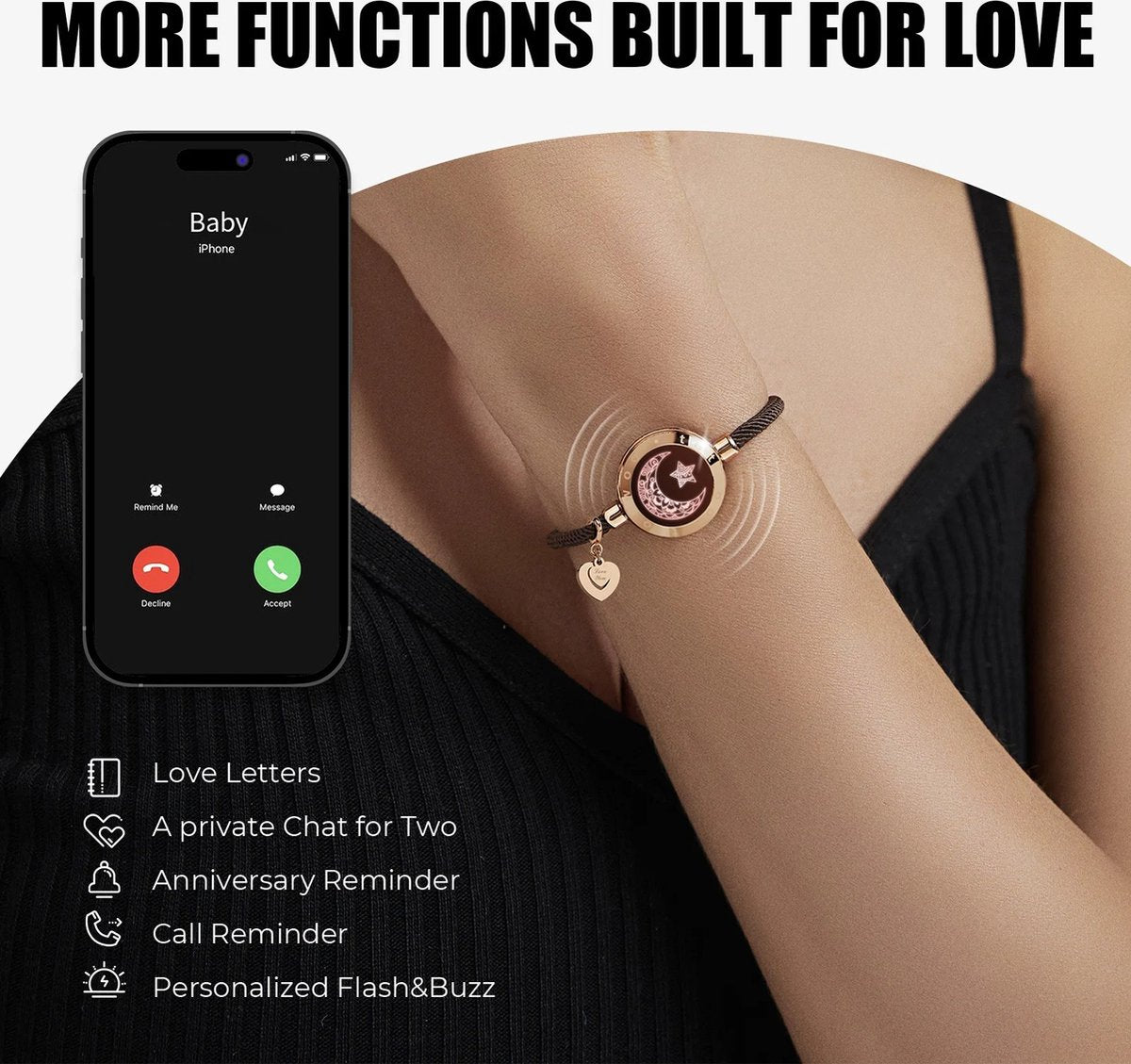 Twee Lange Afstand Touch Up En Tril Armbanden Voor Koppels, Lange Afstand Relatie Geschenken Slimme Zon & Maan Liefde Armband Valentijn Liefde Relatie Trouw Gadgets Met Prachtige Cadeau Box Doos Goud + Zwarte Armband