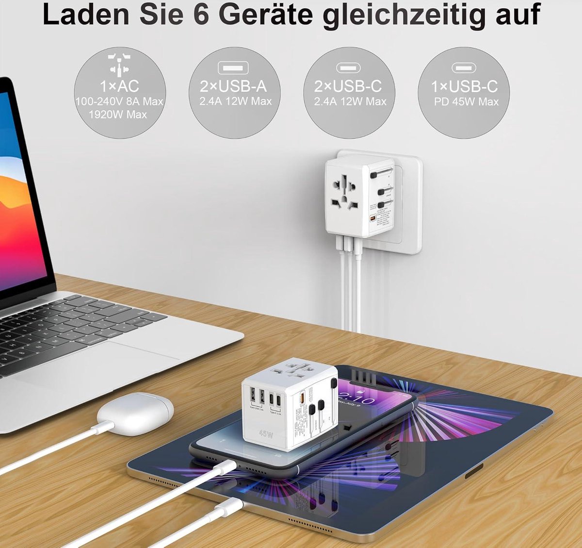 SAFEMORE PD 45 W snellaad-reisadapter - USB C - 5 poorten - AC-stopcontact - wereldwijd gebruik - wit