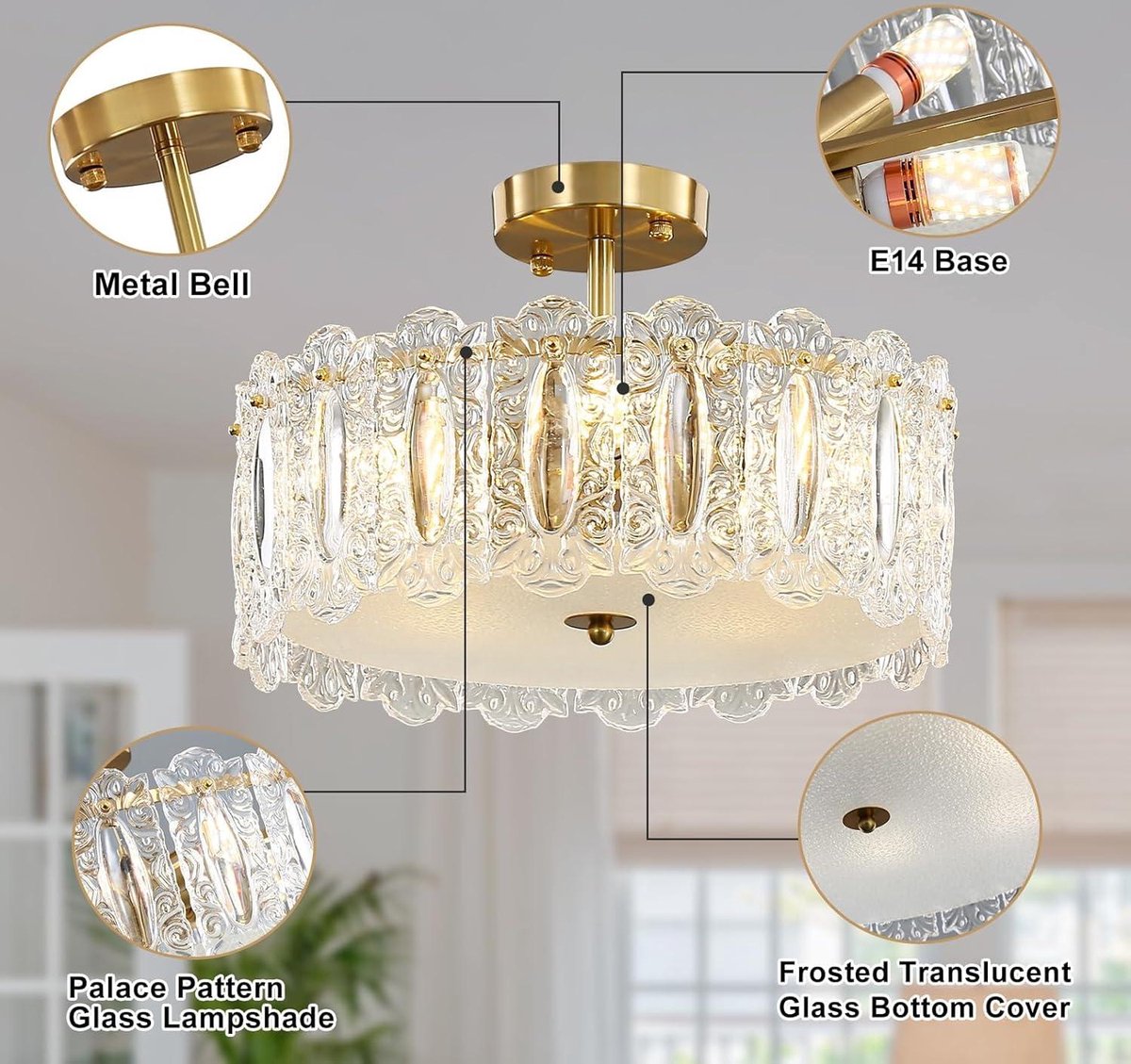 Modern Crystal Chandelier - 40 cm - Gold - Semi-Flush Mount Ceiling Light - LED Lamp - Elegant Design - Living Room Dining Room - Bedroom Restaurant - E14 x 5