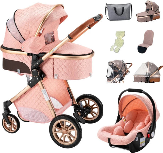 Luxe 2-in-1 Kinderwagen - Wandelwagen - Autostoeltje - Buggy - Opvouwbaar - Roze - 0-36 Maanden
