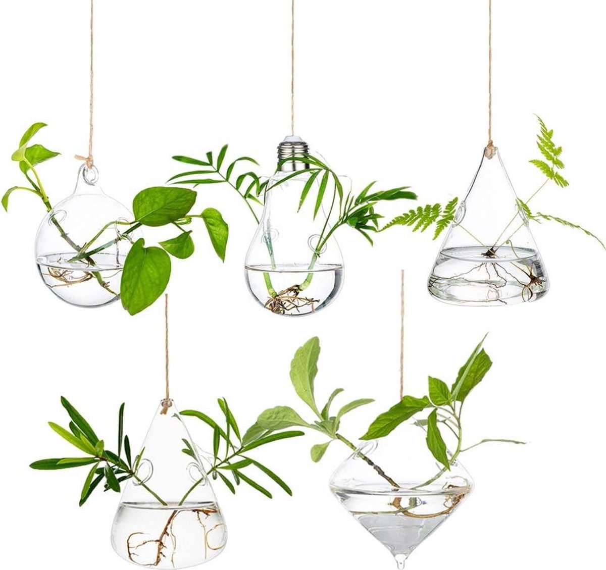 Large Hanging Planters Water Air Plant Succulent Containers Terrarium Kits Candle Holder - Indoor Outdoor - 2 Holes - 5 Pcs/Set with Strings Rope for Home Garden Balcony
