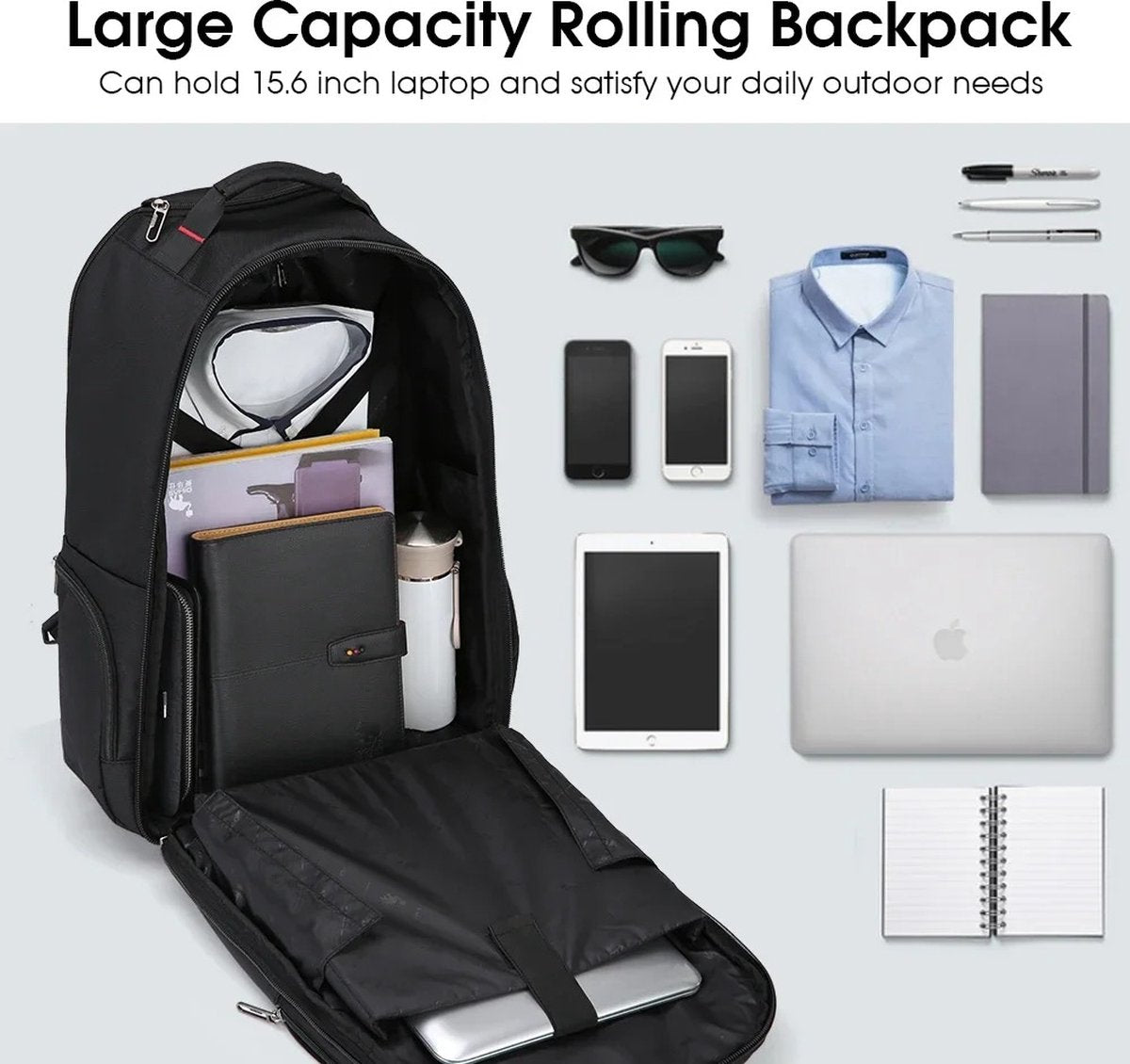 ByLoesje® Trolleyrugzak - Wieltjes - Handvat - Bagage - Zwart - Inhoud 29 liter - Laptopvak