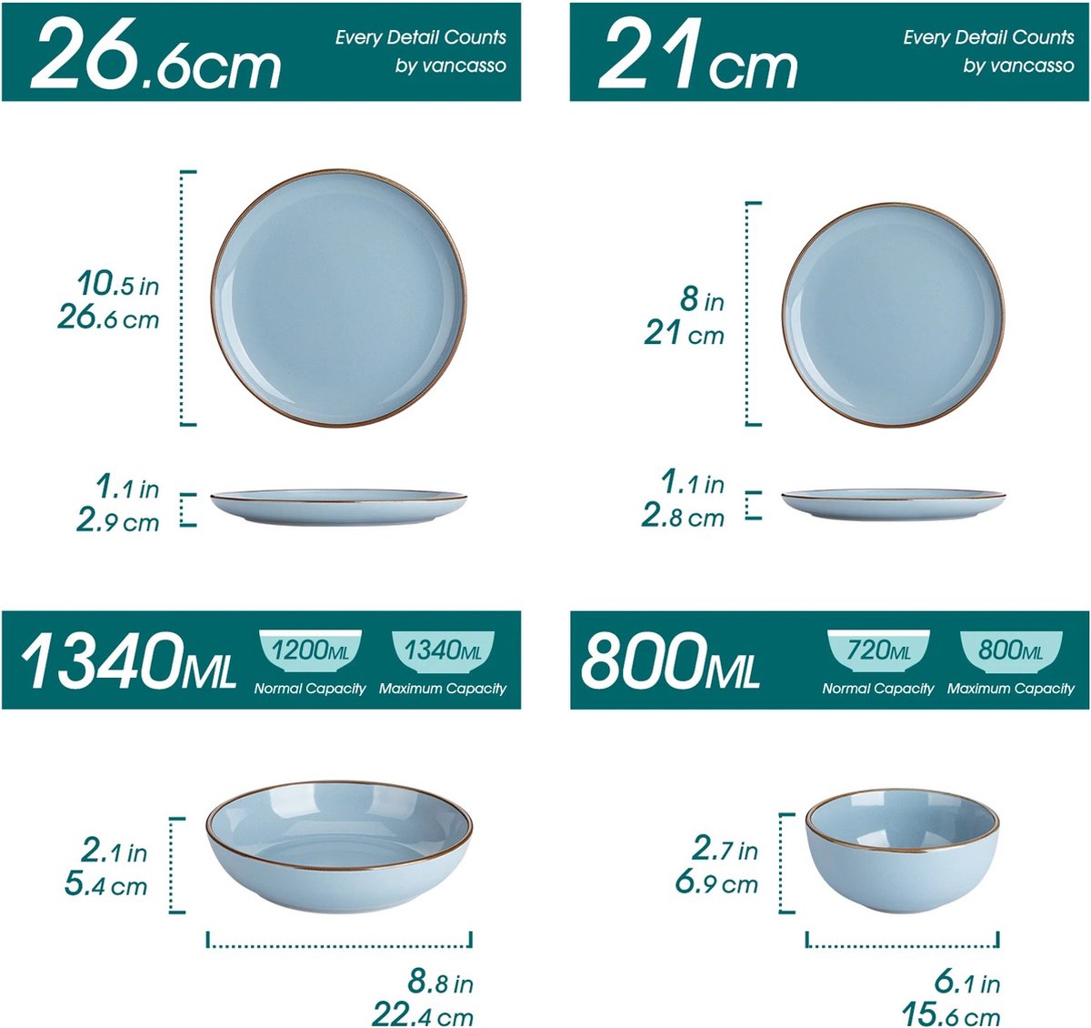 Dinnerware set - Dinnerware sets - Dinnerware set 8 person - Ocean Blue With Brown Rim - Porcelain - 32-Piece Dinnerware - Dinner plate - Dessert plate - Bowl - Soup bowl