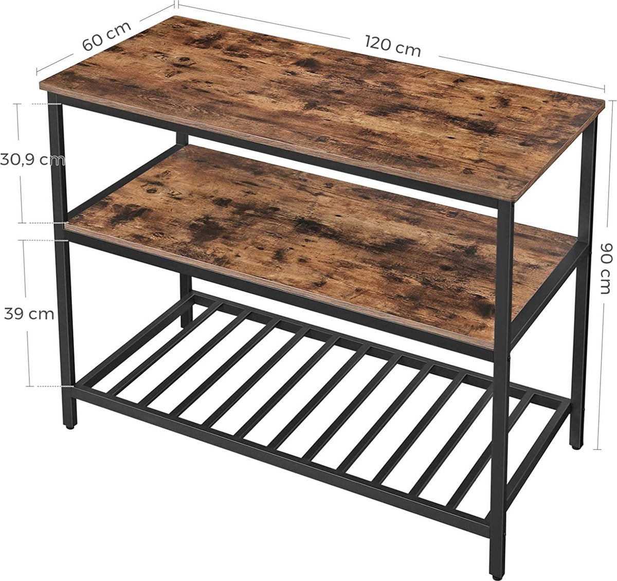 Kitchen shelf with 3 shelves, kitchen island with large worktop, stable metal frame, 120 x 60 x 90 cm, easy assembly, industrial design, vintage brown-black KKI01BX