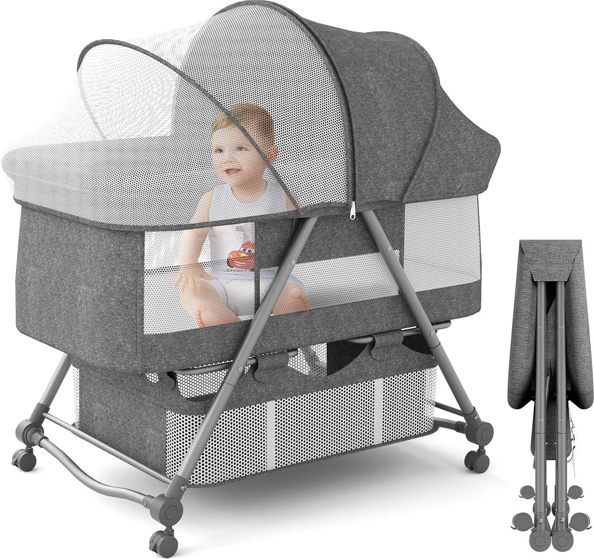 Co-sleeper met zacht matras reiswieg incl. opbergruimte, wiegfunctie, opvouwbaar, glij- en transporttas, vanaf de geboorte tot 20 kg, complete set voor baby's van 0-6 maanden, grijs