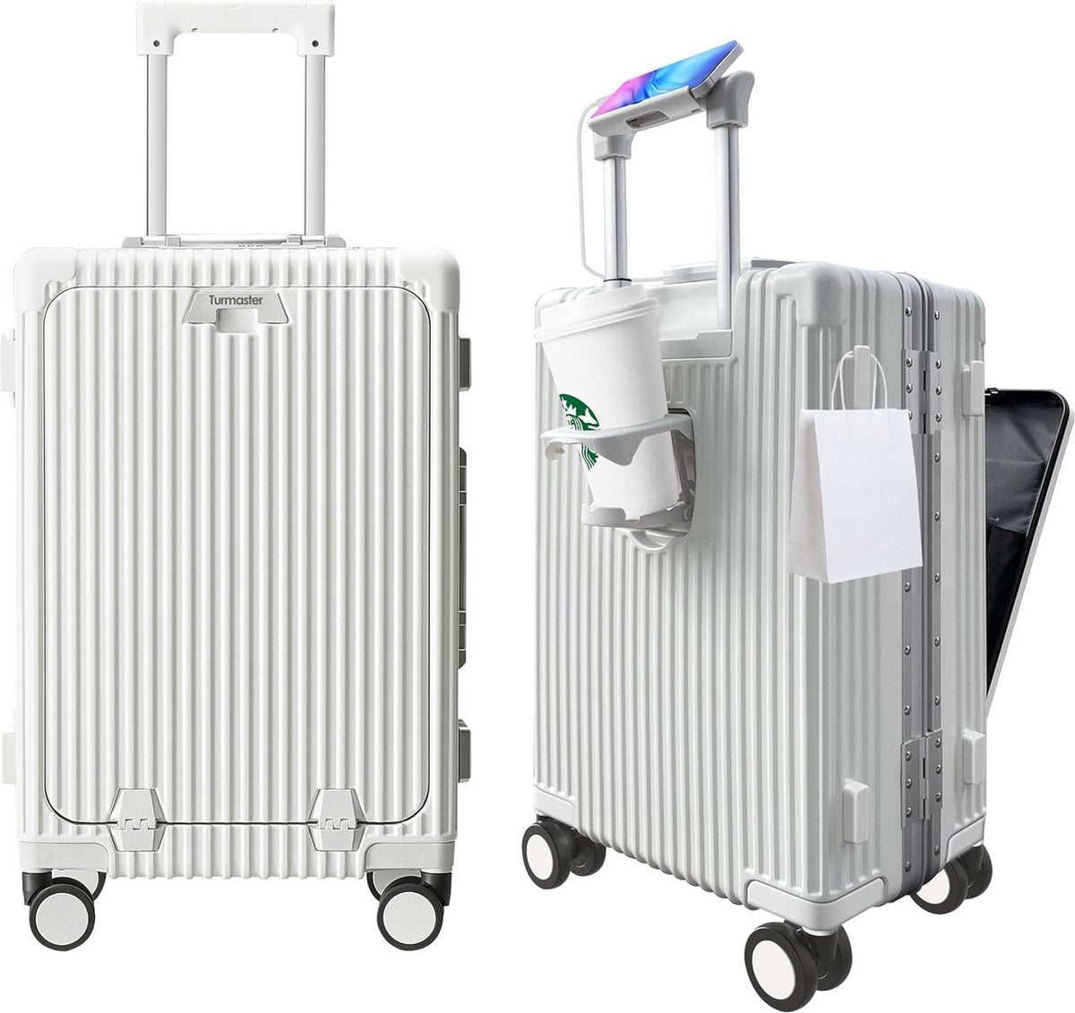 Approved carry-on luggage with spinner wheels, 20 inch suitcase with aluminum frame, integrated TSA lock, with USB port and cup, cell phone holder travel suitcase, white, Design with