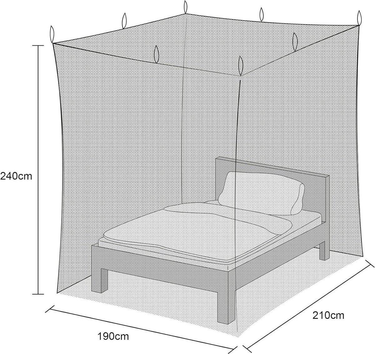 Mosquito net double bed with 4 open rectangular mosquito nets - fine-mesh square mosquito net - 240 x 210 x 190 cm - white