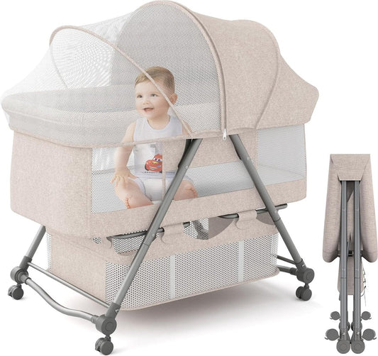 Babybed met zacht matras, reisbed incl. opbergruimte, wiegfunctie, opvouwbaar, slip en transporttas, vanaf de geboorte tot 20 kg, wieg, complete set voor baby's van 0-6 maanden, kaki