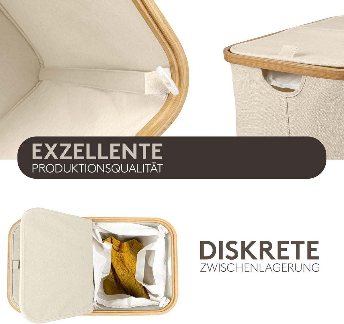 Light Laundry Basket 2 compartments with lid 150 liters bamboo fabric large XXL sorting system laundry collector - beige - Celeko