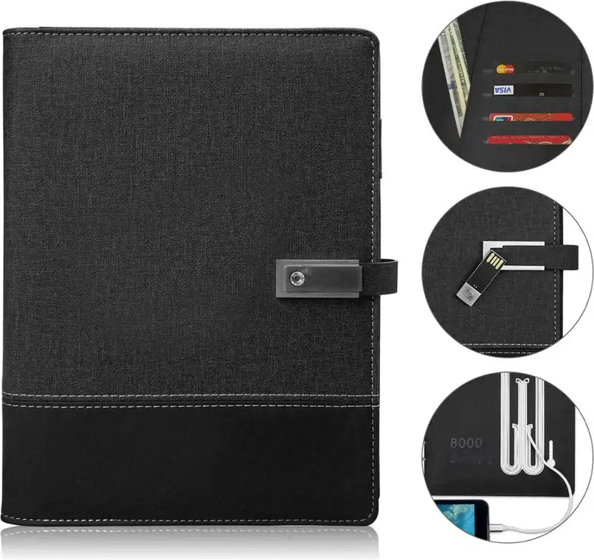 Viatel Luxe Zwart Lederen Dagboek Planner Agenda Relatiegeschenk Smart Power Bank Notitieboek Met Draadloze Oplader 16G USB Flash Drive